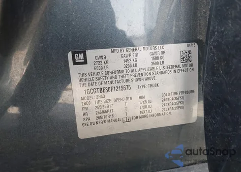 2015 Chevrolet Colorado Lt из США, поврежденный, VIN 1GCGTBE30F1215675